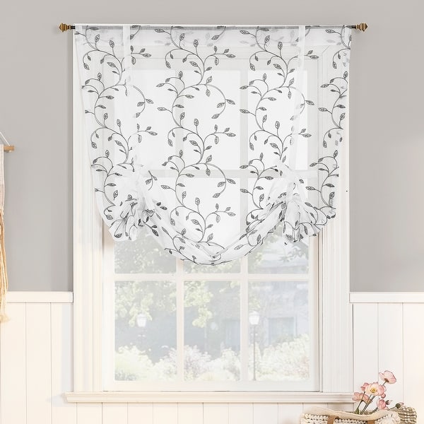 slide 2 of 6, No. 918 Francine Embroidered Foliage Semi-Sheer Rod Pocket 1-Piece Window Tie-up Shade - 42" x 63" 42" x 63" - White / Grey