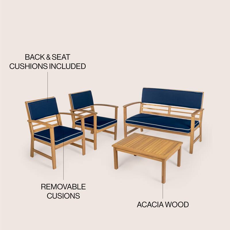 Freja 4-Piece Modern Coastal Acacia Wood Conversation Outdoor Patio Set with Cushions, by JONATHAN Y