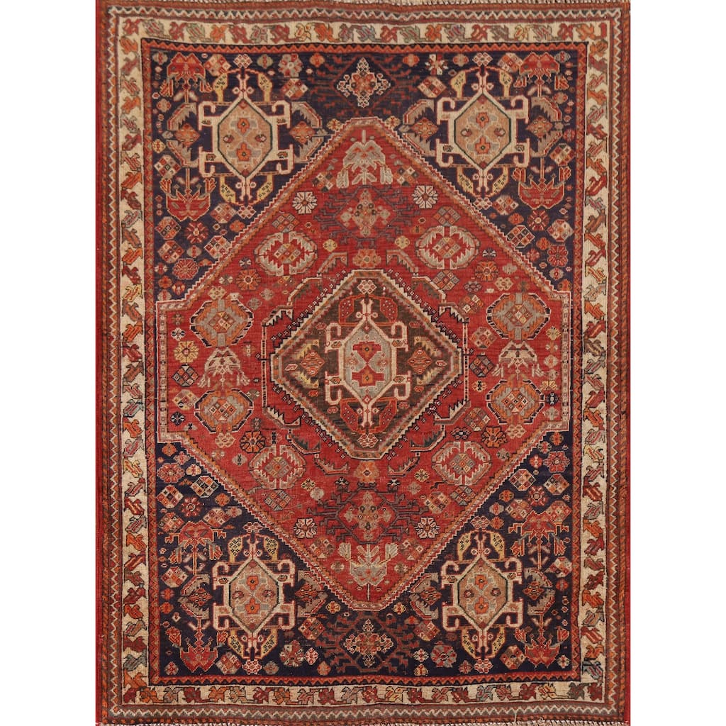 Pre-1900 Antique Vegetable Dye Shiraz Persian Rug Handmade Wool Carpet - 3'5"x 4'9"