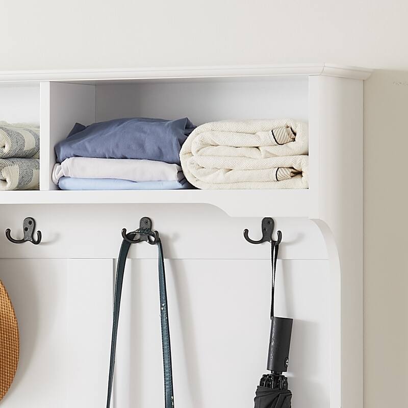 Modern Hall Tree Coat Rack with Shoe Rack Bench, Coat Hooks and Open Shelves, for Entryway Storage, White