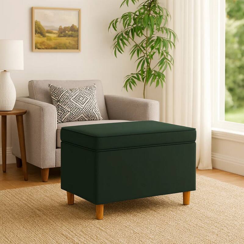 Fero Storage Ottoman, 24in Rectangular Hinged Lid, Forest Green Velvet