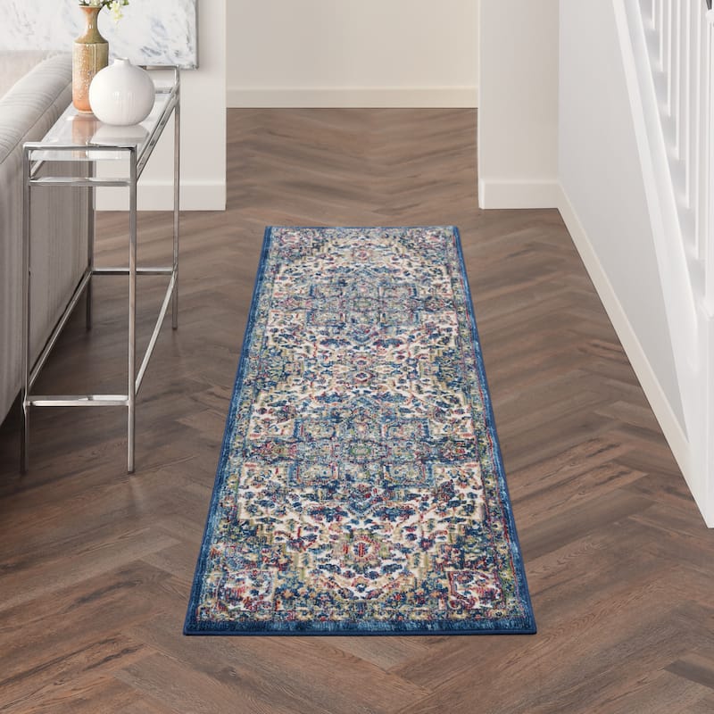 Nourison Global Vintage Traditional Persian Vintage Area Rug - 2' 4" x 8' - Ivory Navy - Runner