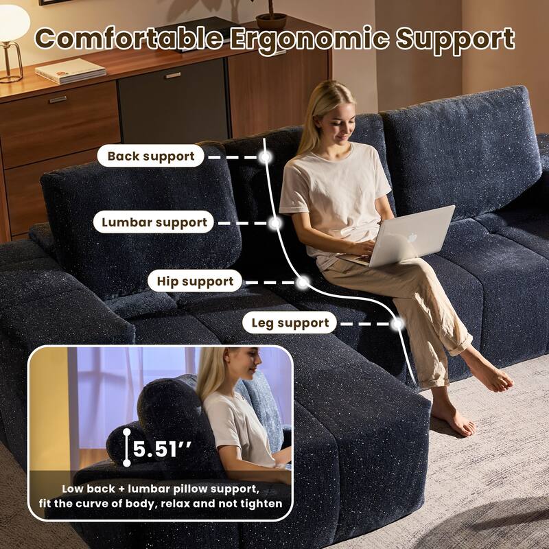 HOOOWOOO Modern Sparkly Velvet Fabric Chaise Sofa Couch with Ottoman