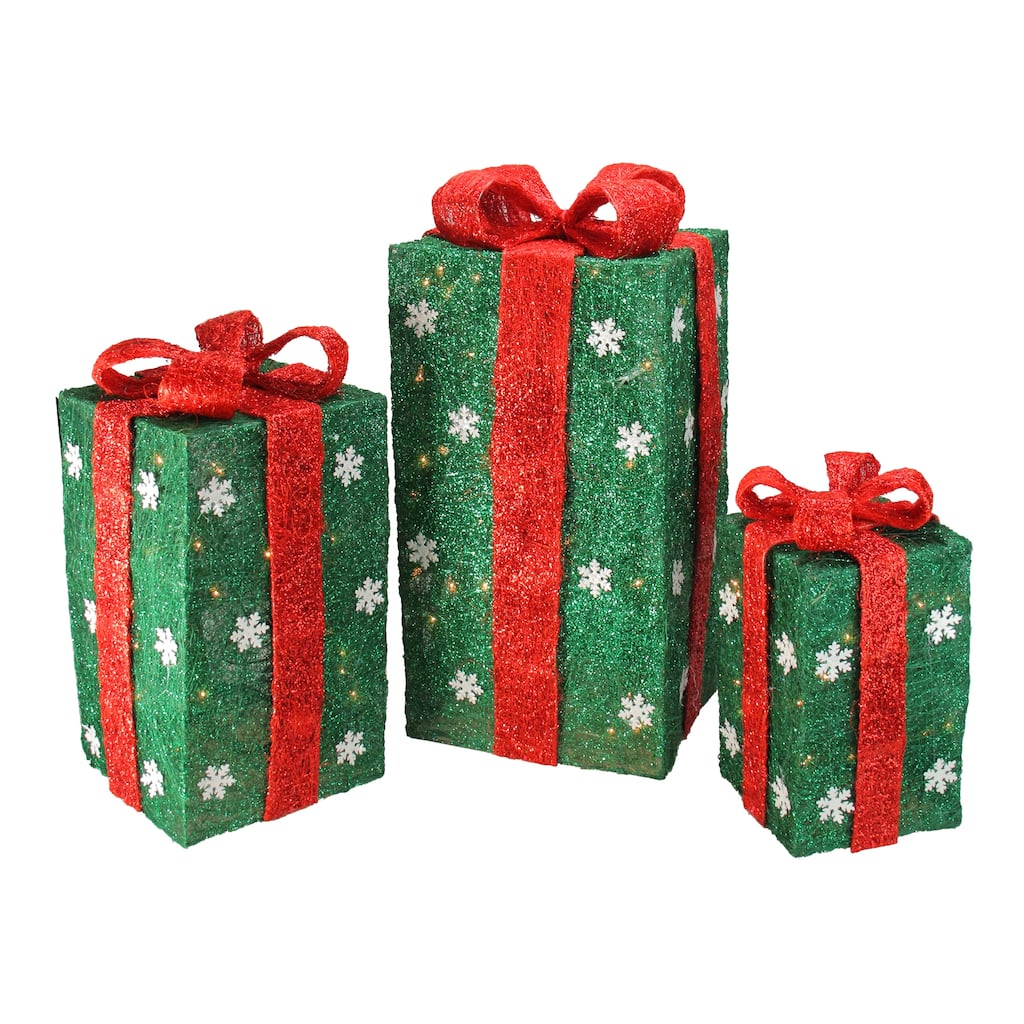 3 Lighted Tall Green Gift Boxes Red Bows Christmas Decorations 18"