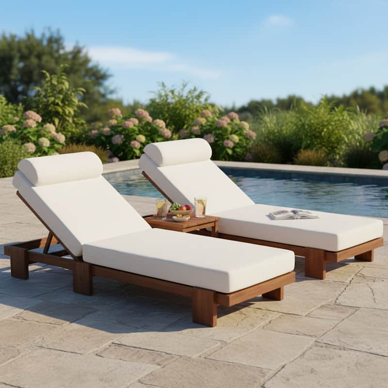 78.8'' Acacia Wood Outdoor Chaise Lounge Adjustable Recliner with Headrest & Retractable Side Tray - N/A - 2 Piece Biege