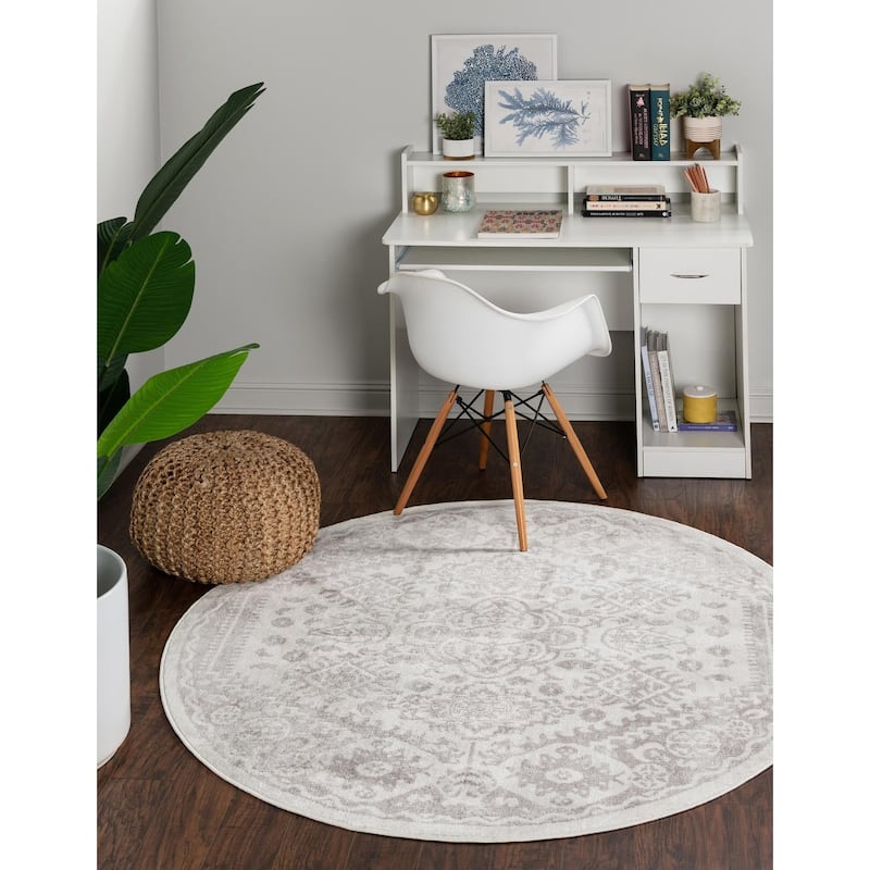 Contemporary Trabzon Collection Area Rug - Cream-Gray - 7' Round