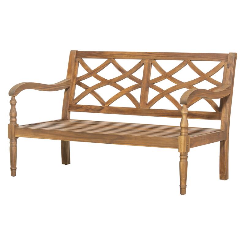 Roomfitters Outdoor Acacia Wood Loveseat Bench with Waterproof Cushions, Lattice Back Patio Sofa, Natural and Beige