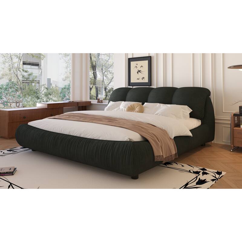 King Size Upholstered Platform Bed with Oversized Padded Headboard, Solid Wood Frame, Black
