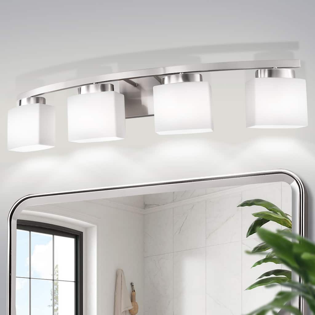 YANSUN E26 4-Light Sleek Nickel Curved Vanity Light with Frosted White Shades for Modern Spaces - 33.5*6.5*7.5