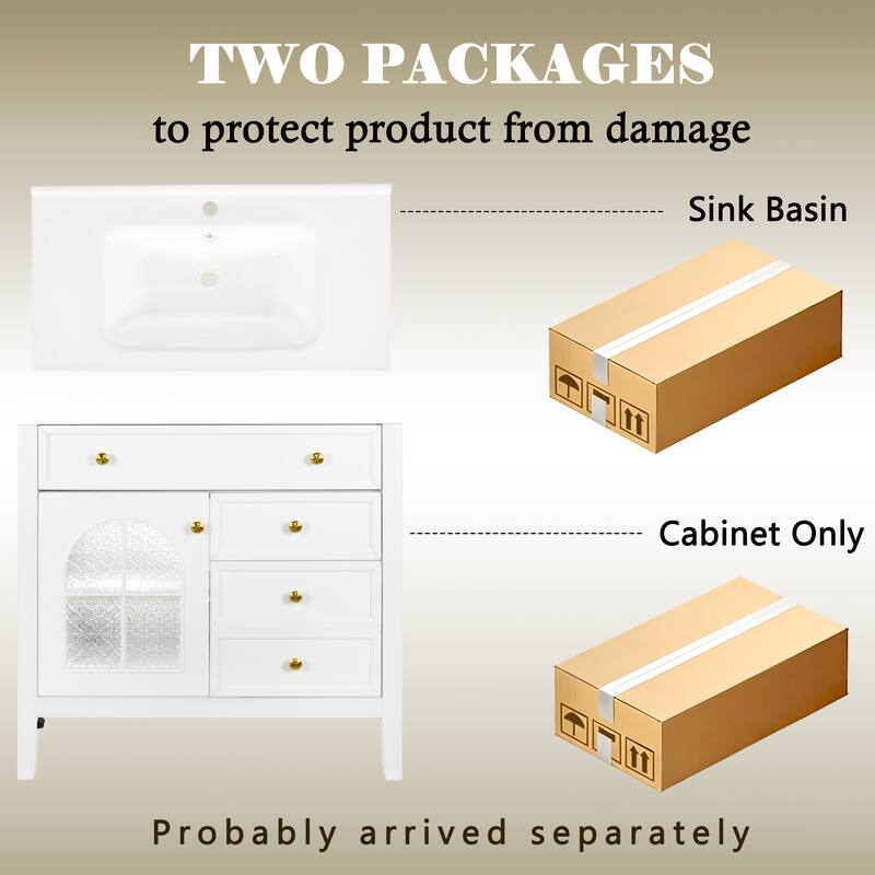 Freestanding 36" Bathroom Vanity Sink Cabinet with Motion-sensor Light Strip, Patterned Glass & Drawers