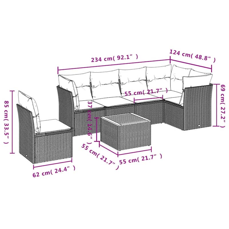 vidaXL Patio Sofa Set with Cushions Outdoor Furniture 7 Piece Poly Rattan - 21.7 x 21.7 x 14.6