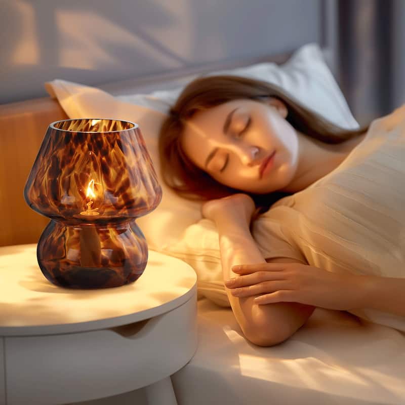 Brown Leopard Print All-glass Table Lamp with Inline Switch - 5.75'' x 5.75'' x 7.25'' (L x W x H)