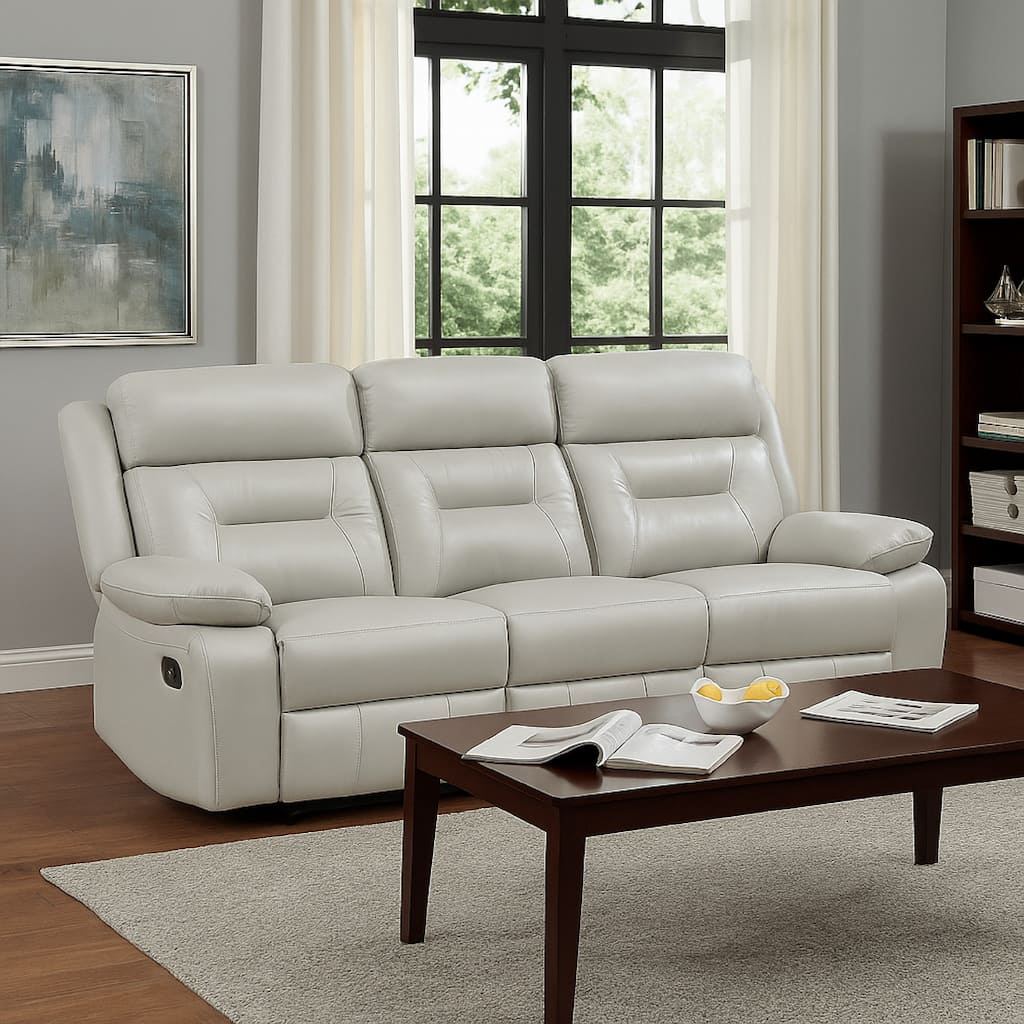 Conia Manual Double Reclining Sofa, Light Gray Silver Leather, 87 Inch