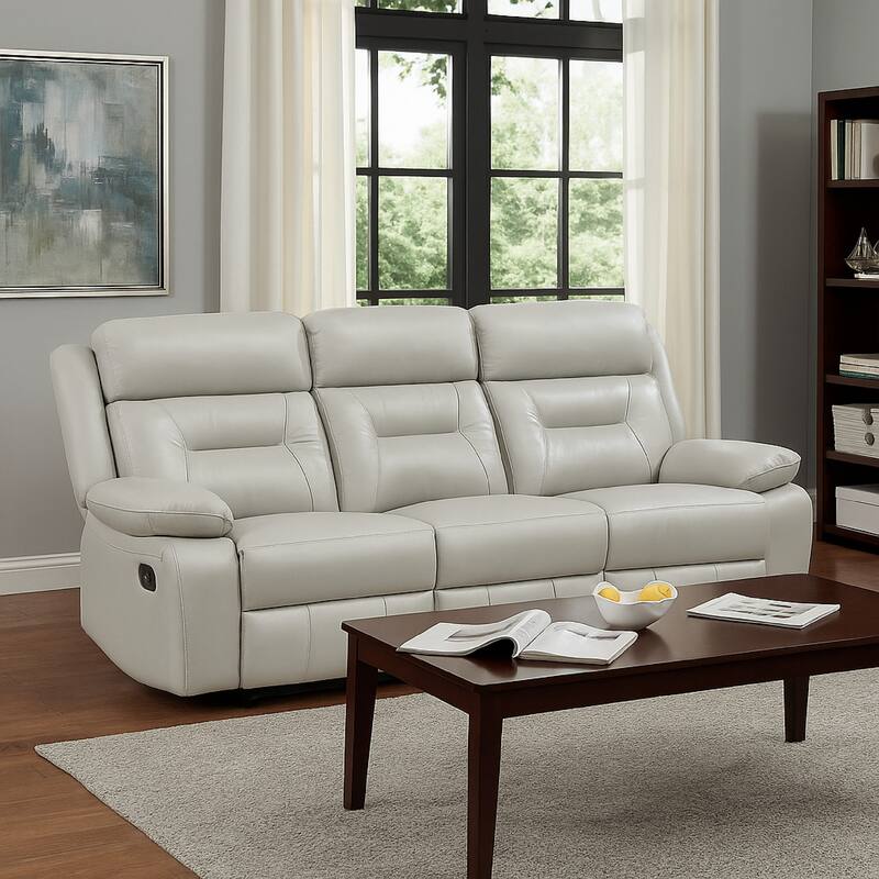 Conia Manual Double Reclining Sofa, Light Gray Silver Leather, 87 Inch