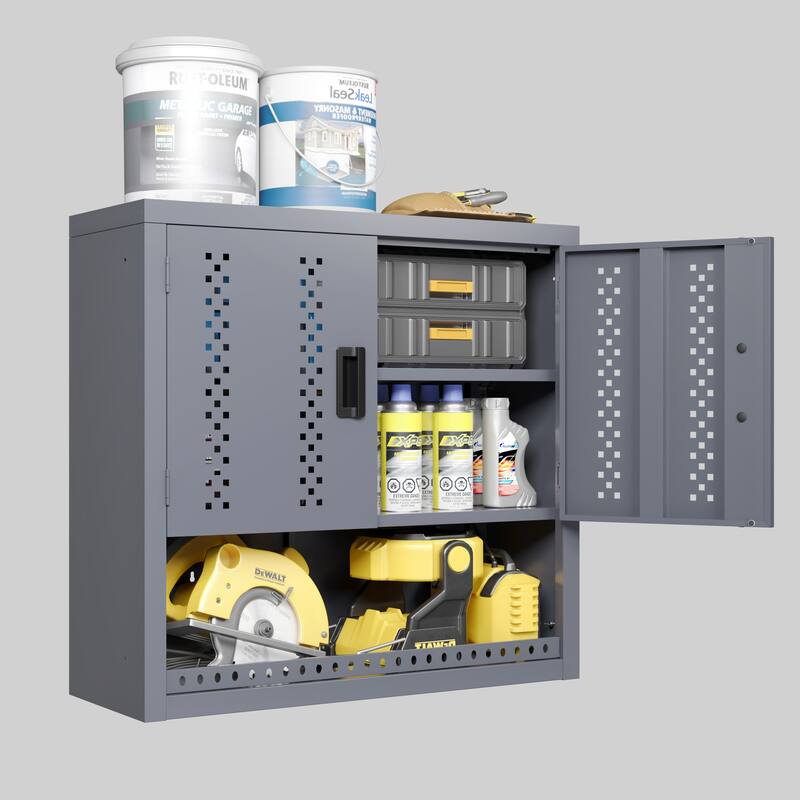 Roomfitters Large Wall Mounted Metal Garage Cabinet, Floating Tool Storage with Adjustable Shelf, Gray