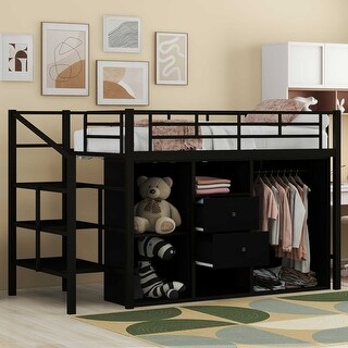 Twin Size Metal Loft Bed with Drawers, Storage Staircase and Wardrobe ...