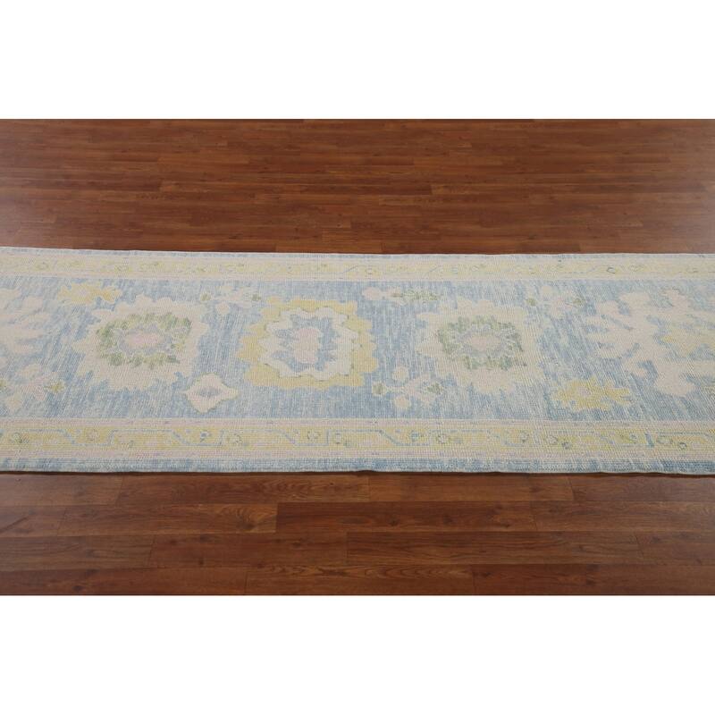 Vegetable Dye Oushak Turkish Runner Rug Hand-knotted Blue Wool Carpet - 3'3"x 12'10"