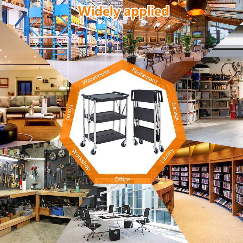 3-Tier Folding Utility Service Cart with Lockable Wheels