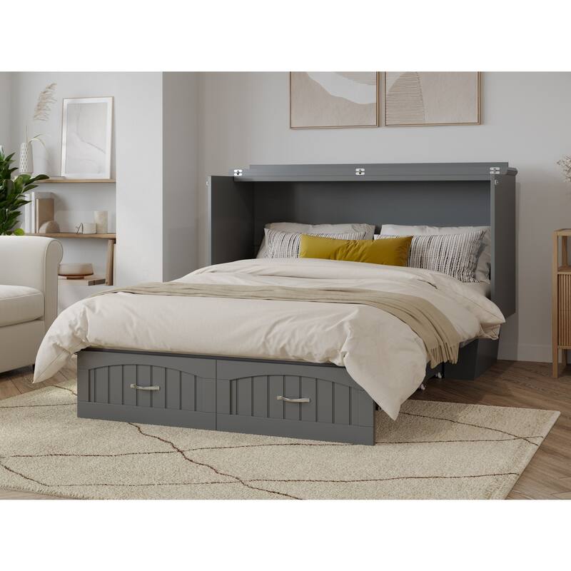 Queen Murphy Bed Chest Solid Wood Storage Bed with Mattress & USB Ports - Grey, 82.5"L x 63.63"W x 41"H