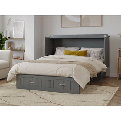 Queen Murphy Bed Chest Solid Wood Storage Bed with Mattress & USB Ports - Grey, 82.5"L x 63.63"W x 41"H