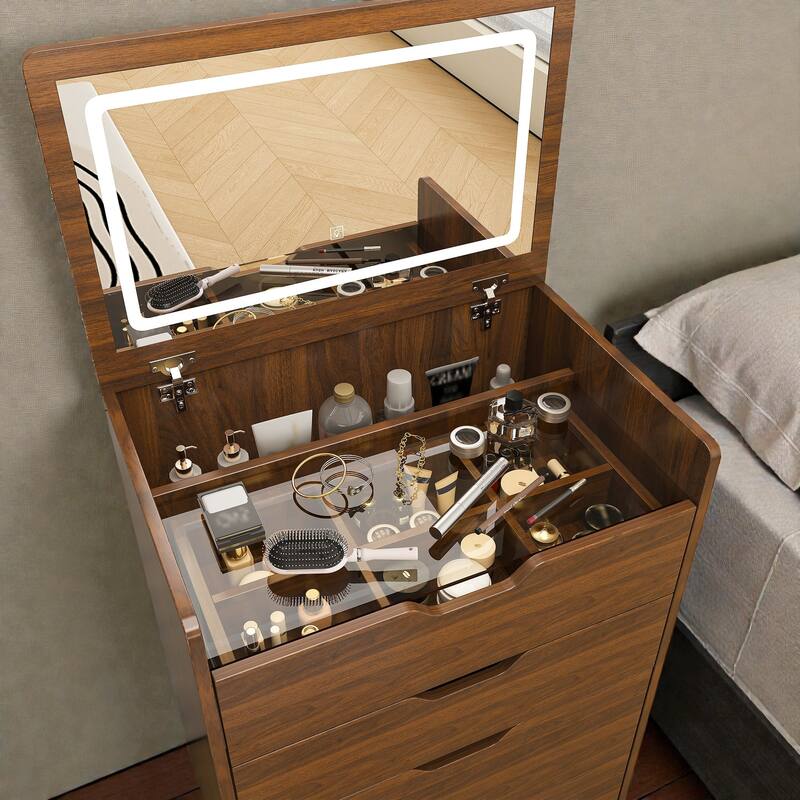 Flip Top Makeup Vanity Desk with LED Mirror and Stool, 3-in-1 Compact Storage Table for Bedroom