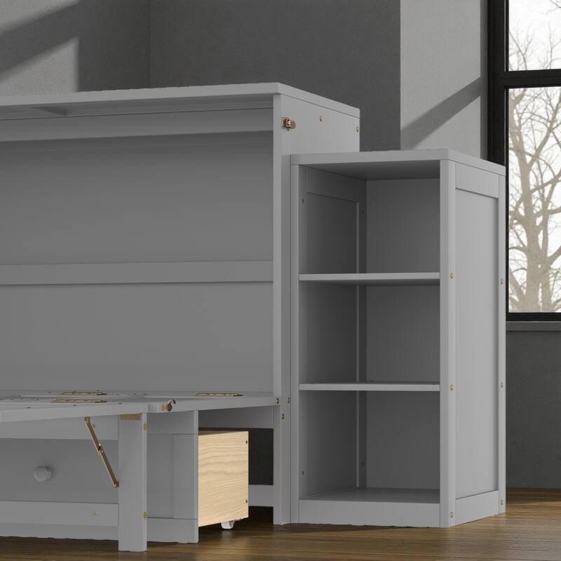 Full/Queen Size Murphy Bed with Storage Drawers and Shelves, Space-Saving Foldable Wall Bed for Guest Room