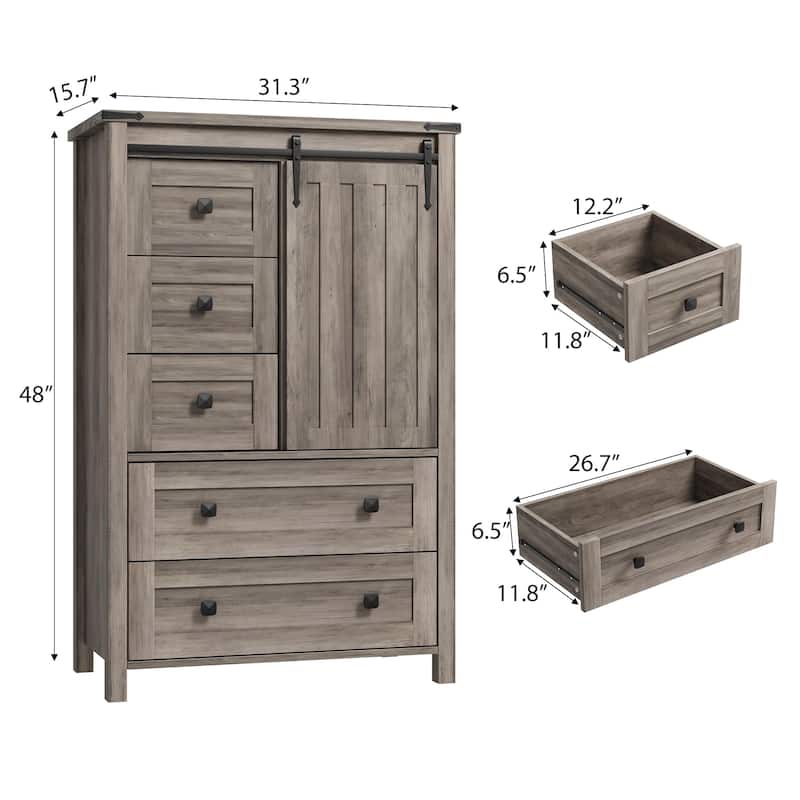 Farmhouse 5 Drawer Dresser for Bedroom, Wood Chest with Sliding Barn Door, Adjustable Shelf
