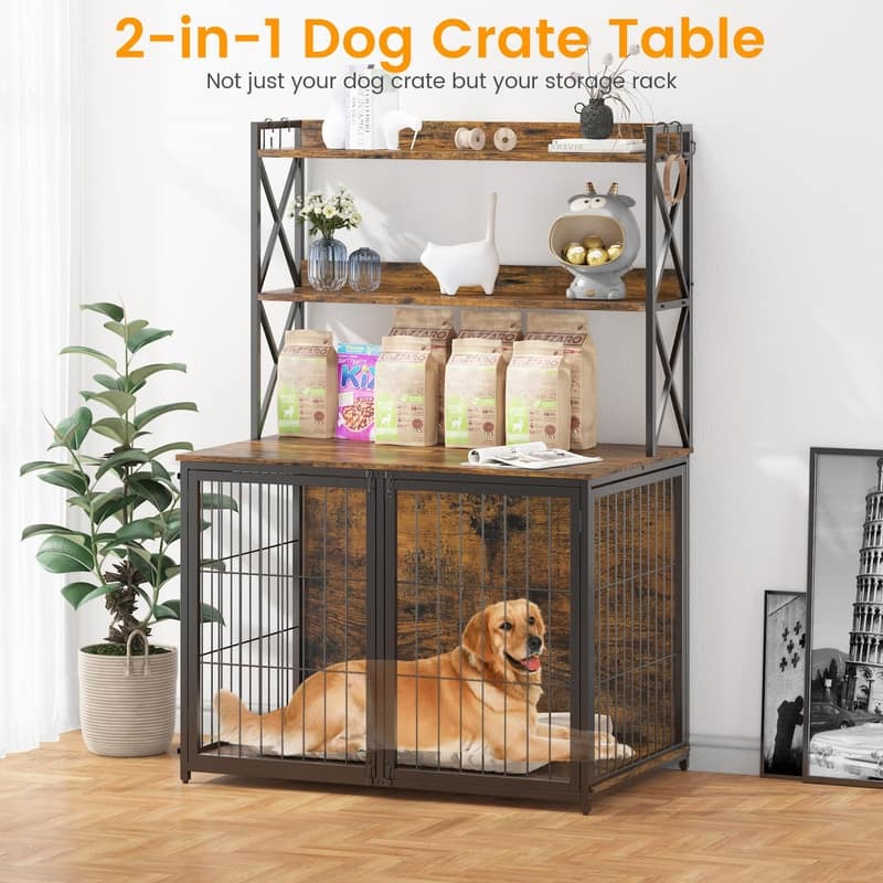 Heavy Duty Dog Crate Furniture 4Door Wooden Kennel with Storage Shelves Flip Door
