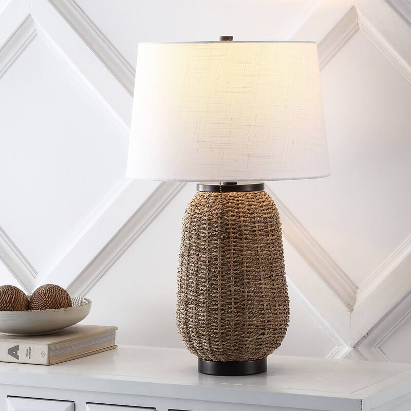 Finn 25" Rustic Bohemian Iron/Rattan LED Table Lamp with Pull-Chain, by JONATHAN Y