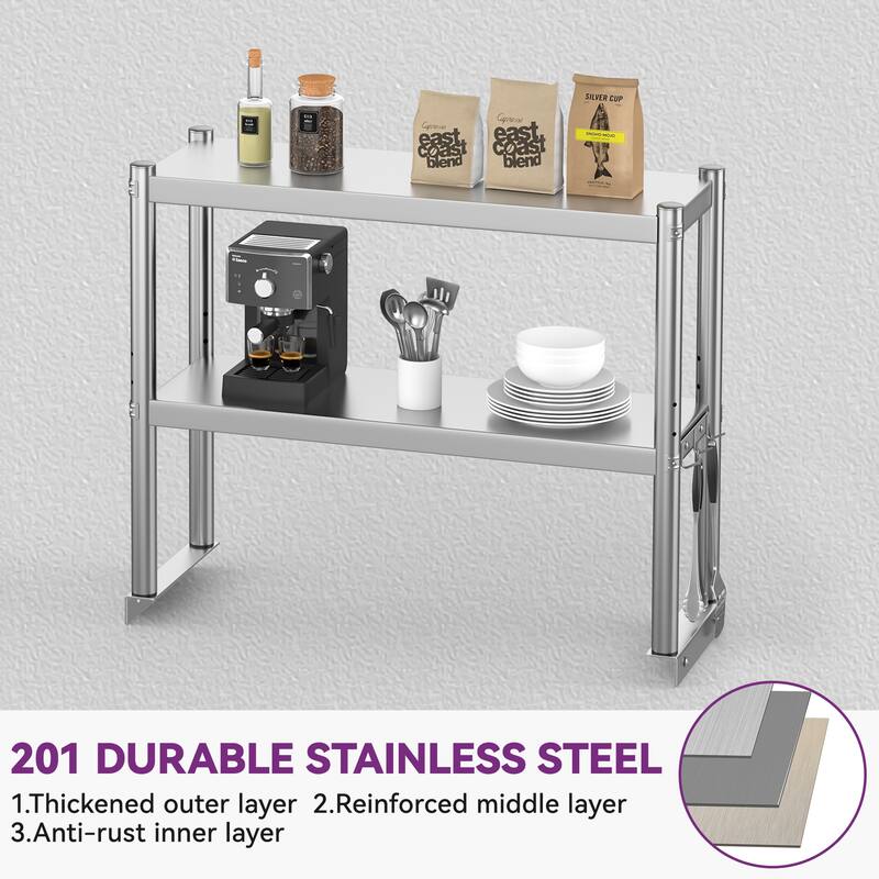 Stainless Steel Overshelf, 2 Tier Overshelf with Hook, Adjustable Double Overshelf for Kitchen Prep Table