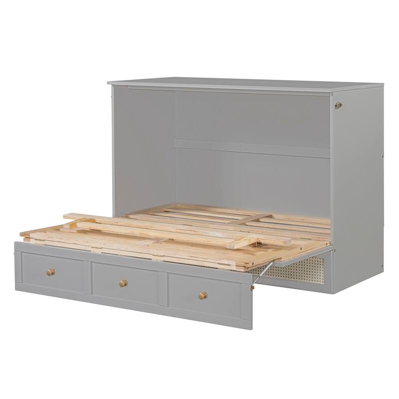 Full Size Murphy Bed Hidden Cabinet Bed with Drawer Underneath and Rattan Patterned, Clever Space Utilization Classic Grey