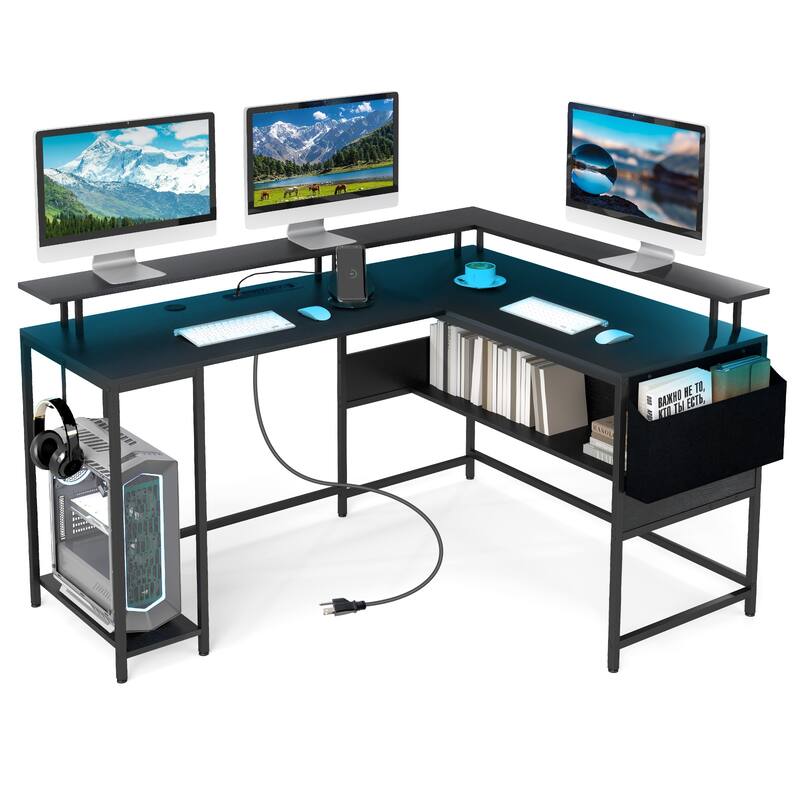 Gymax L-Shaped Gaming Desk w/ LED Lights & Power Outlets Monitor Stand - Black