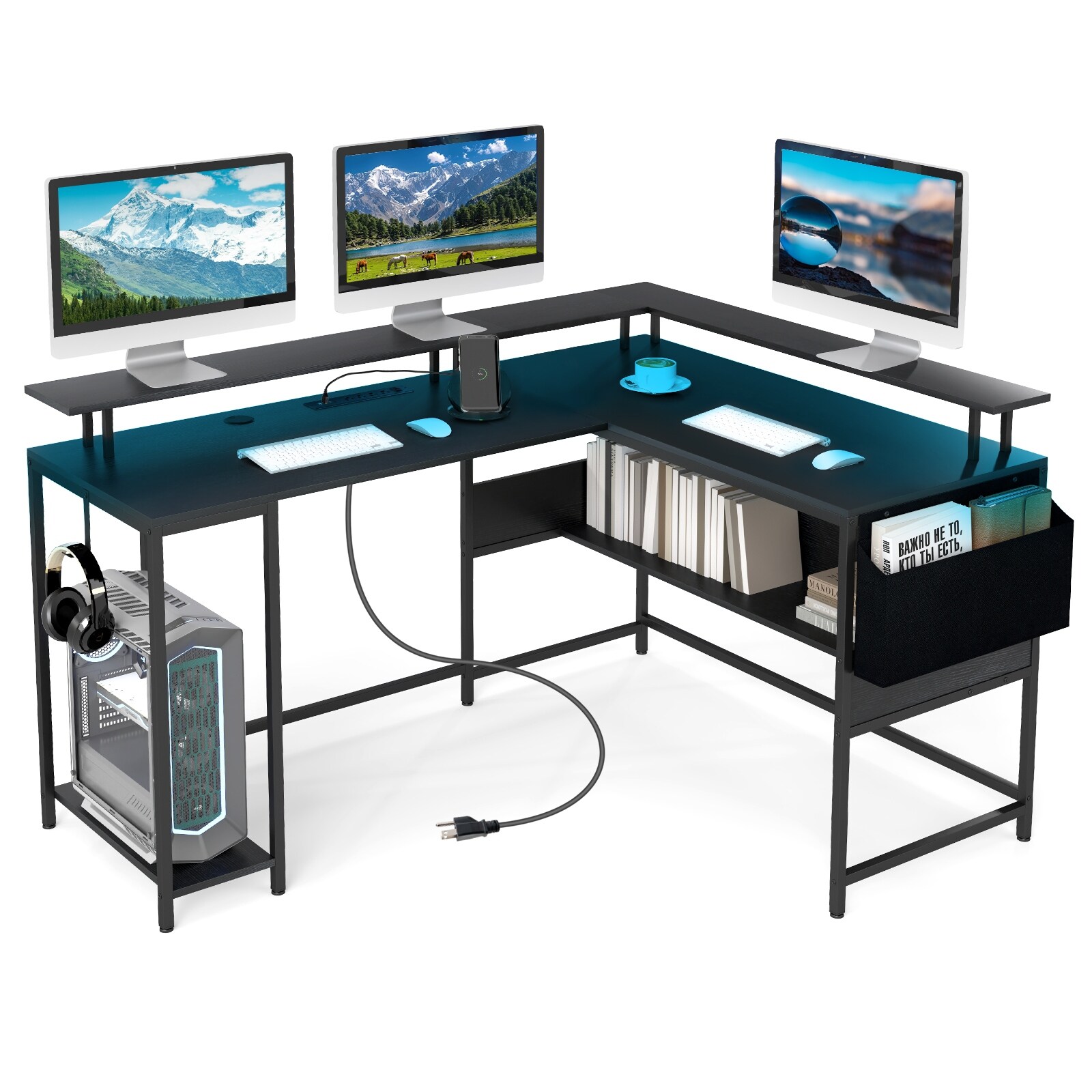Gymax L-Shaped Gaming Desk w/ LED Lights & Power Outlets Monitor