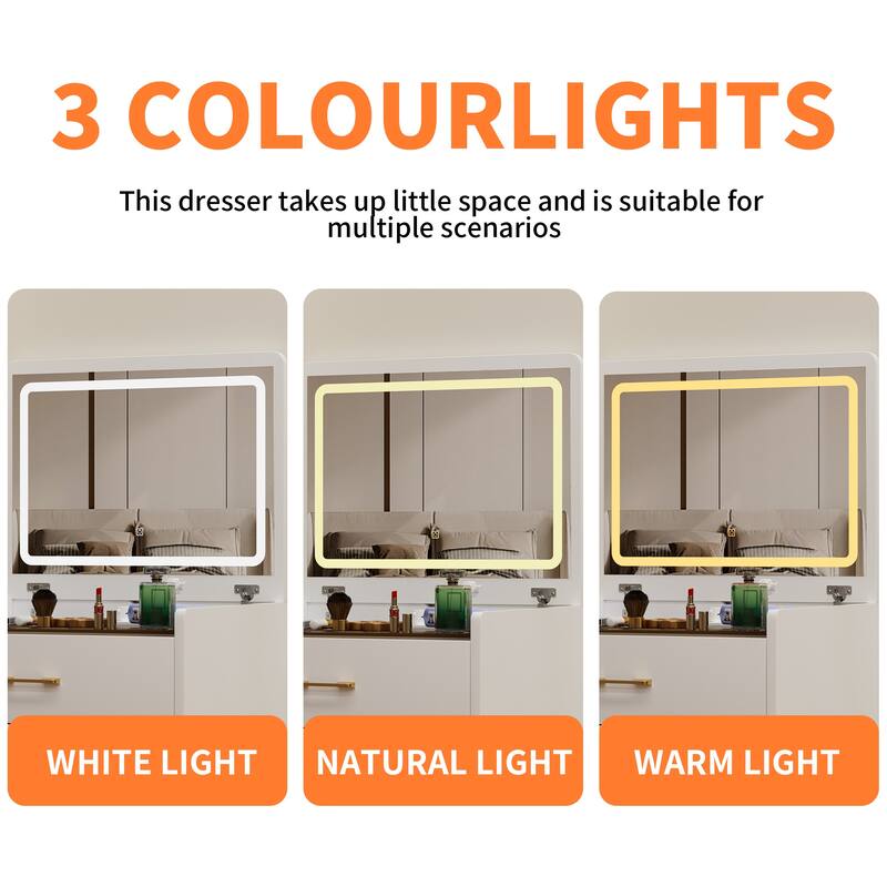 Compact Make-up Vanity Set with Visible Glass Desktop & Mirror, 3 in 1 Dressing Table Desk with Stool & Charging Station