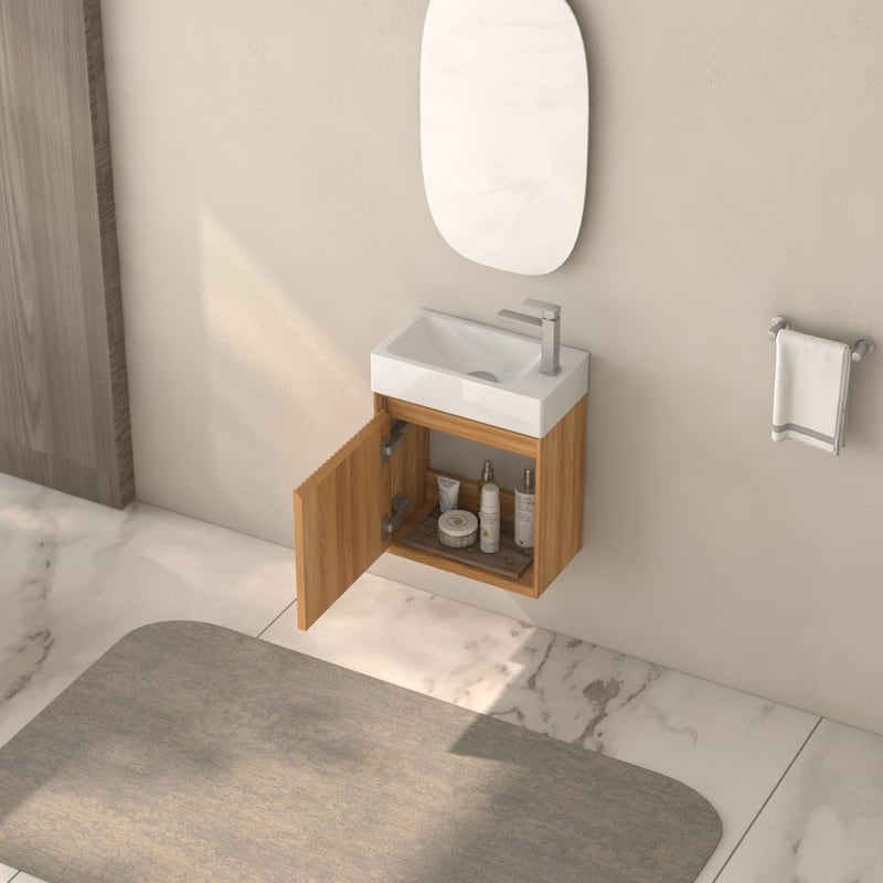 GDF Studio - Zee Modern 16" Small Wall-Mounted Bathroom Vanity with SMC Resin Basin and Soft-Close Door - Acacia Wood