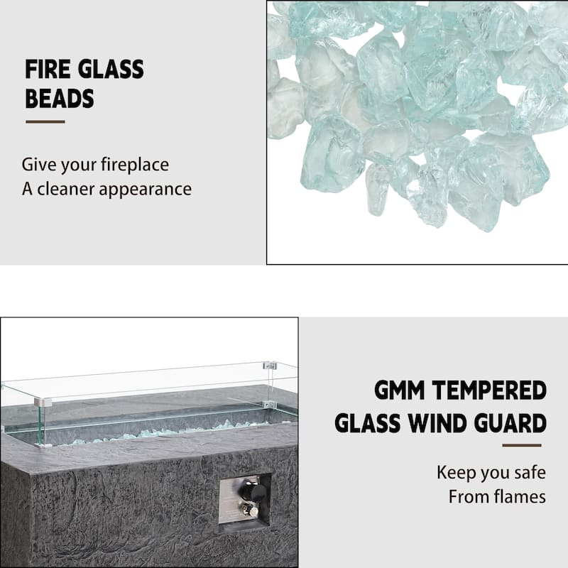 3-Piece Outdoor Propane Rectangle Fire Pit With Tank Table, Wind Glass