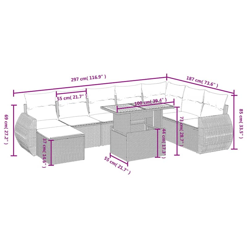 vidaXL Patio Sofa Set with Cushions Outdoor Furniture 9 Piece Poly Rattan - 21.7 x 24.4 x 27.2