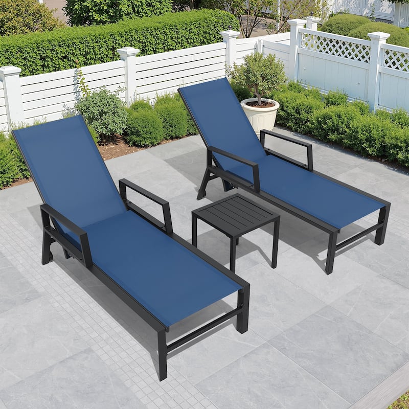 Outdoor Aluminum Patio Lounge Chair Set Side Table and Chaise Lounges with Wheels - Navy Blue