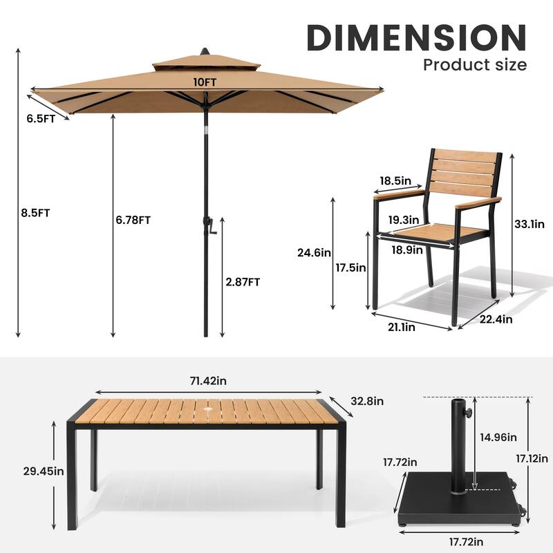 9/11-Piece Patio Dining Set Aluminum Dining Table and Chairs w/10 ft Market Umbrella and Base with Wheels