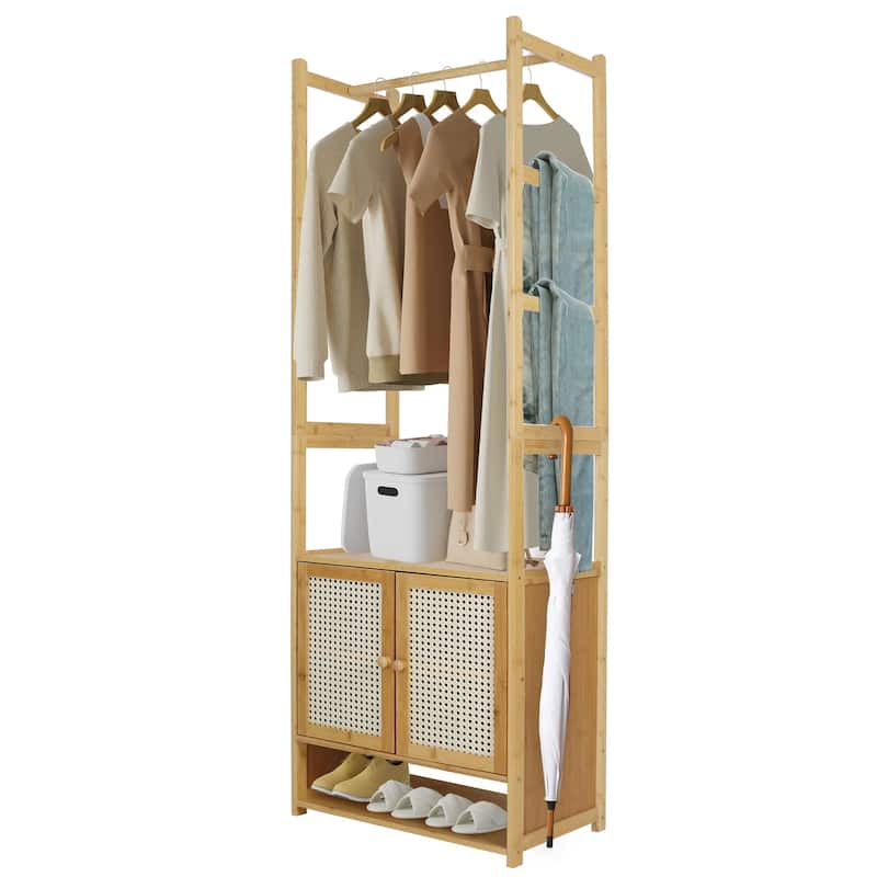 Bamboo Garment Rack with Clothes Rail Storage Organiser Freestanding - 21" x 13" x 66"