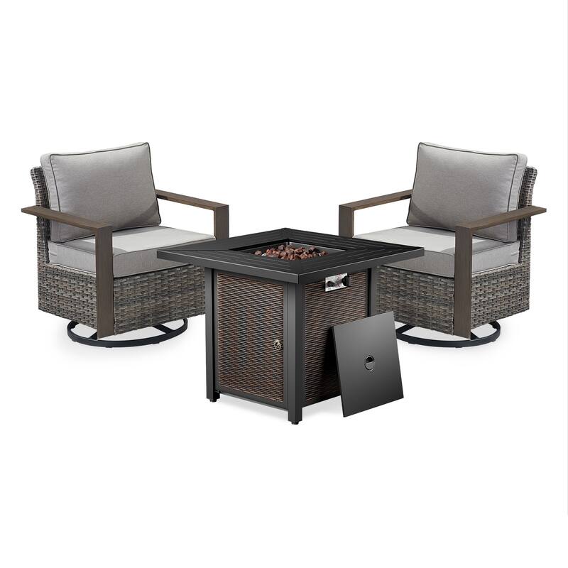 Meyreso 3-Piece Wicker Swivel Glider Metal Fire Pit Set with Plush 4.5" Olefin Cushions