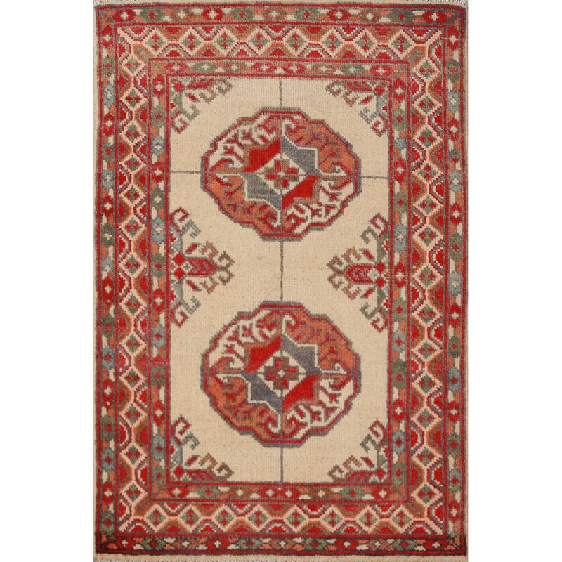 Geometric Kazak Foyer Rug Handmade Oriental Beige Wool Carpet - 2'0"x 3'0"