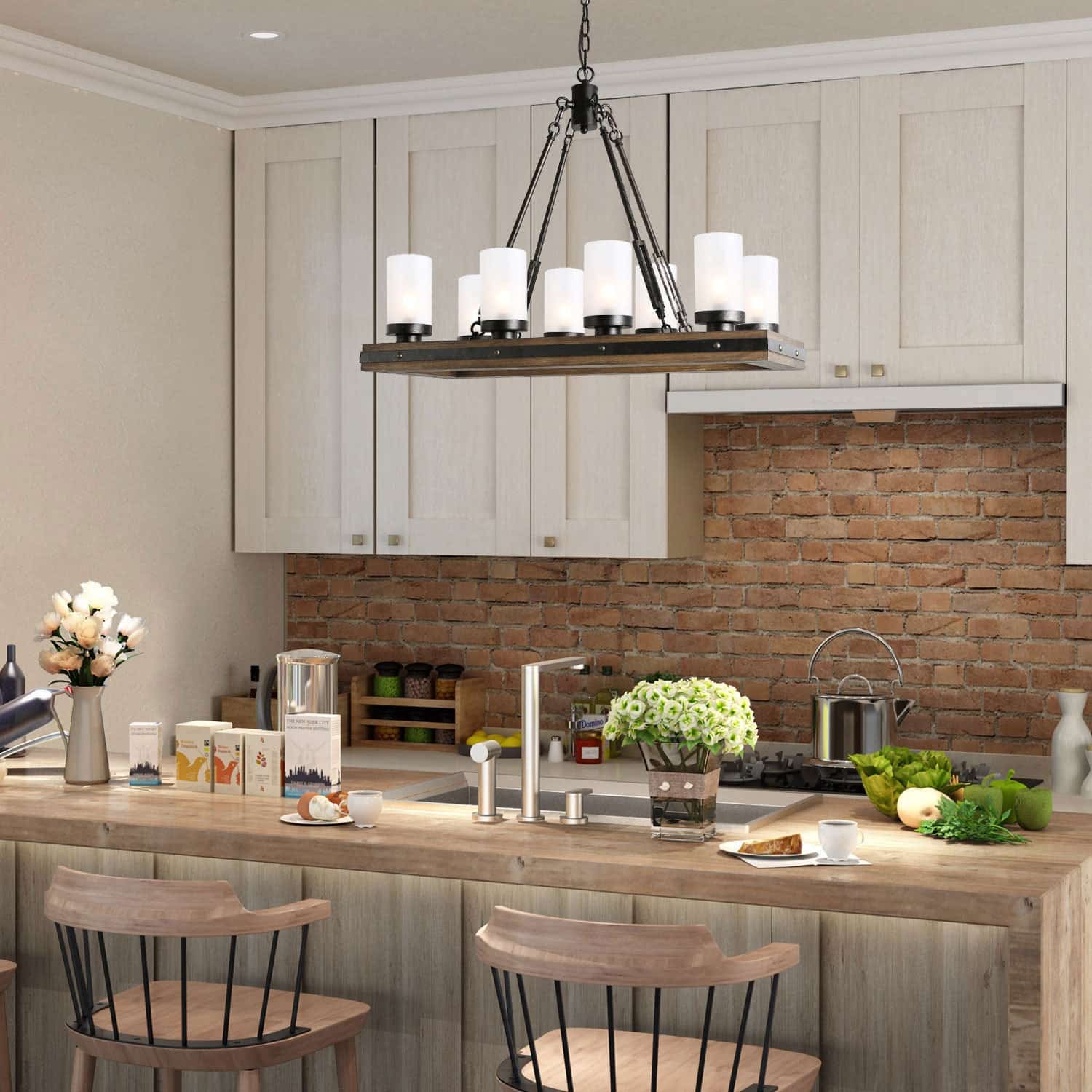 Farmhouse 8-light Wood Island Chandelier for Dining Room - L29.9