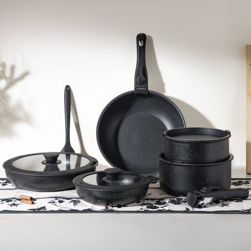 12-Piece Nonstick Pots and Pans Set with Detachable Handle - Black
