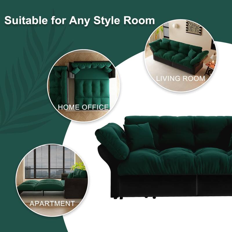 74.8" Queen Pull Out Sofa Bed, 3-in-1 Convertible Sleeper Tufted Sofa with 2 Soft Pillows,Multi-Functional Velvet Loveseat Bed