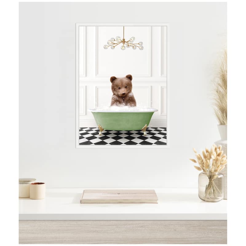 Kate and Laurel Sylvie Bear Cub in Green Bathtub Checker Floor Framed Canvas by Amy Peterson