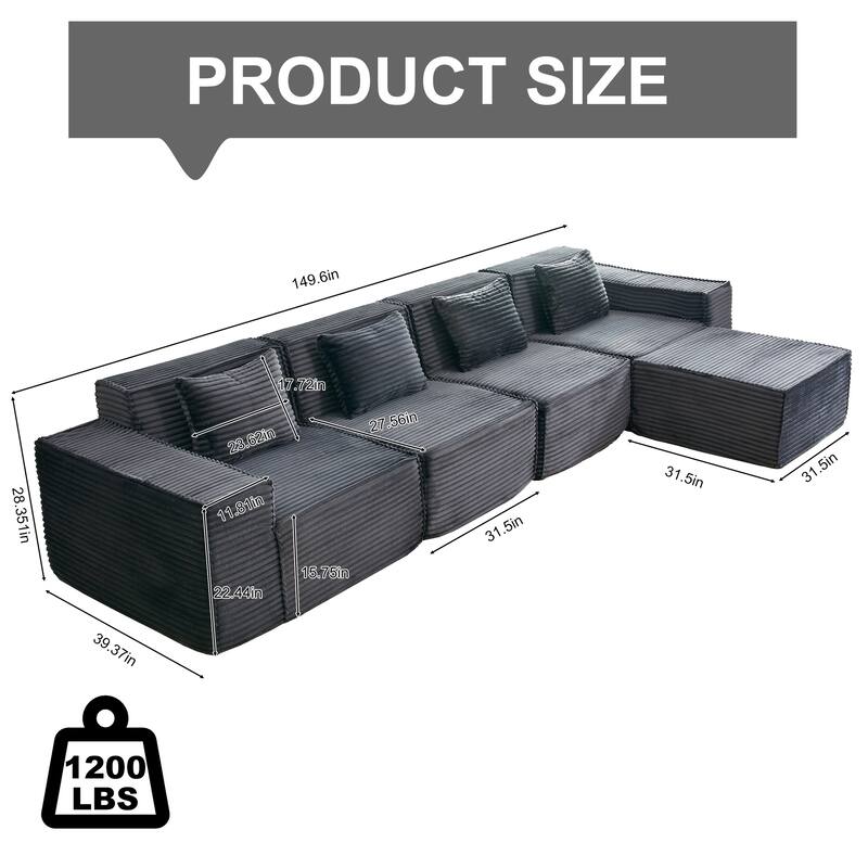 L-Shaped Modular Sectional Sofa with Ottoman, Striped Corduroy Deep Seat Cloud Couch, Large 4-Seat Corner Sofa