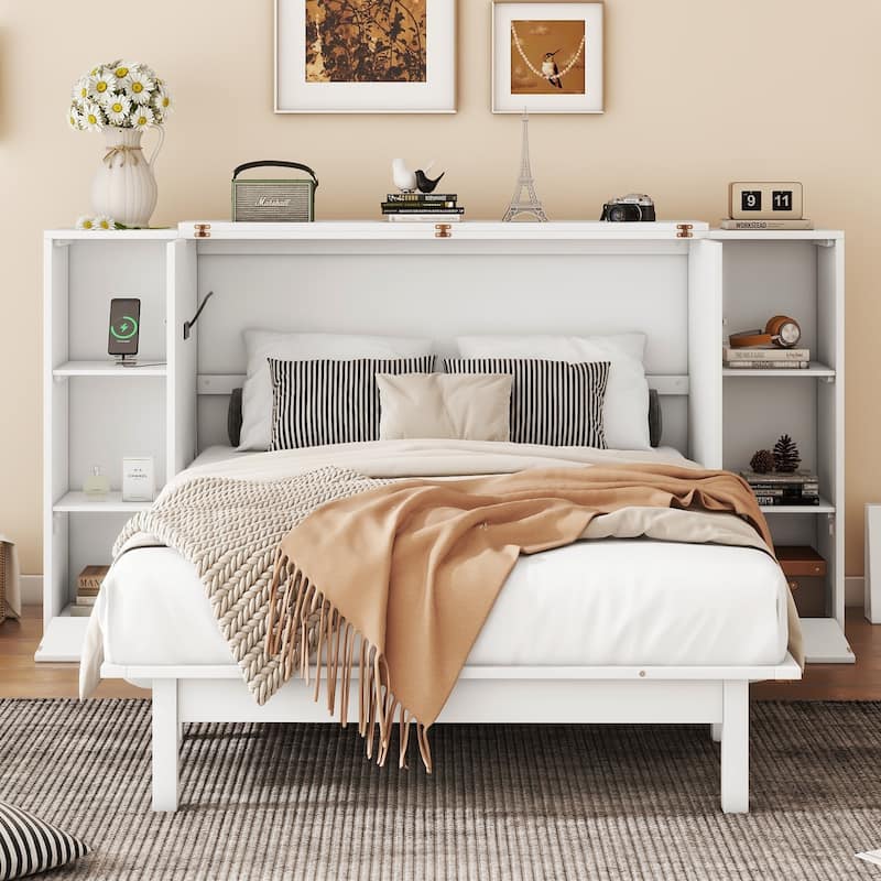 Full Size Modern Style Murphy Bed with Shelves, Drawers and USB Ports for Bedroom