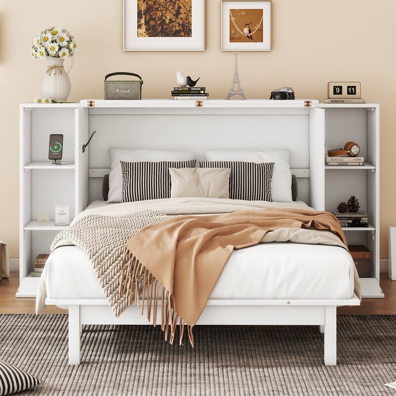 White Full Size Murphy Bed with Shelves, Drawers, and LED Lighting