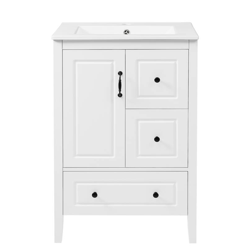 24 inch Bathroom Vanity with Sink, One Cabinet with Soft-closing Door, 3 Soft-closing Drawers, Retro Metal Handles